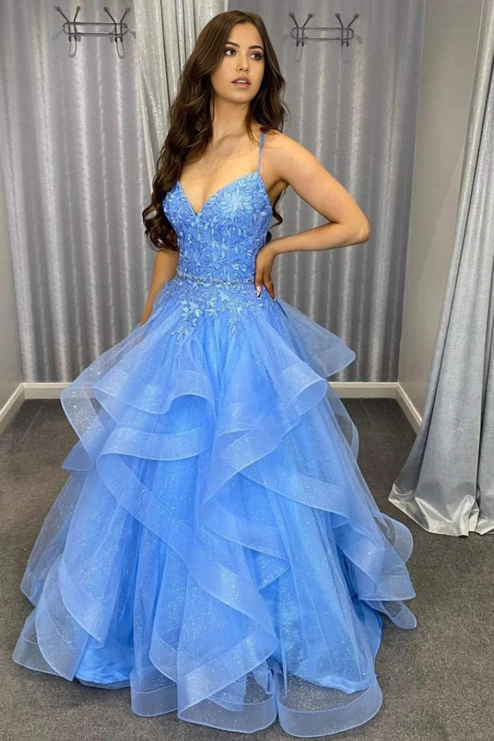 A Line Princess Spaghetti Straps Blue Long evening gowns Prom Dress with Appliques