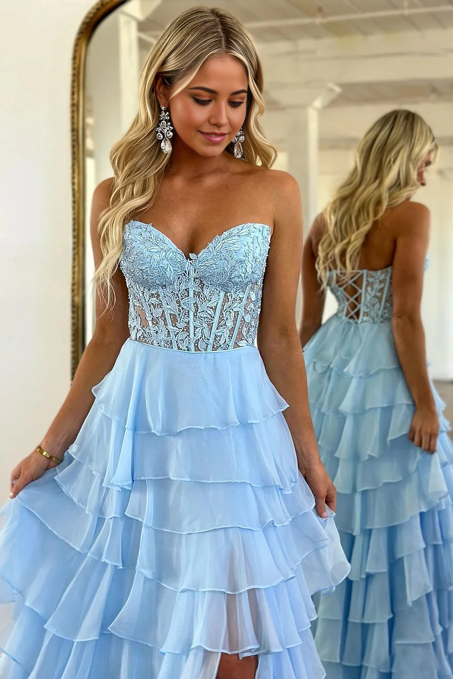 A-Line Cute Strapless Light Blue Ruffle Tiered Chiffon Long Prom Dress
