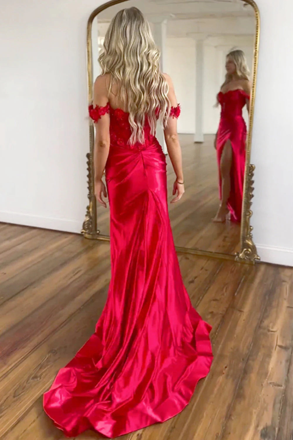 Mermaid Flowers Off The Shoulder Red Satin Long Prom Dress With Split
