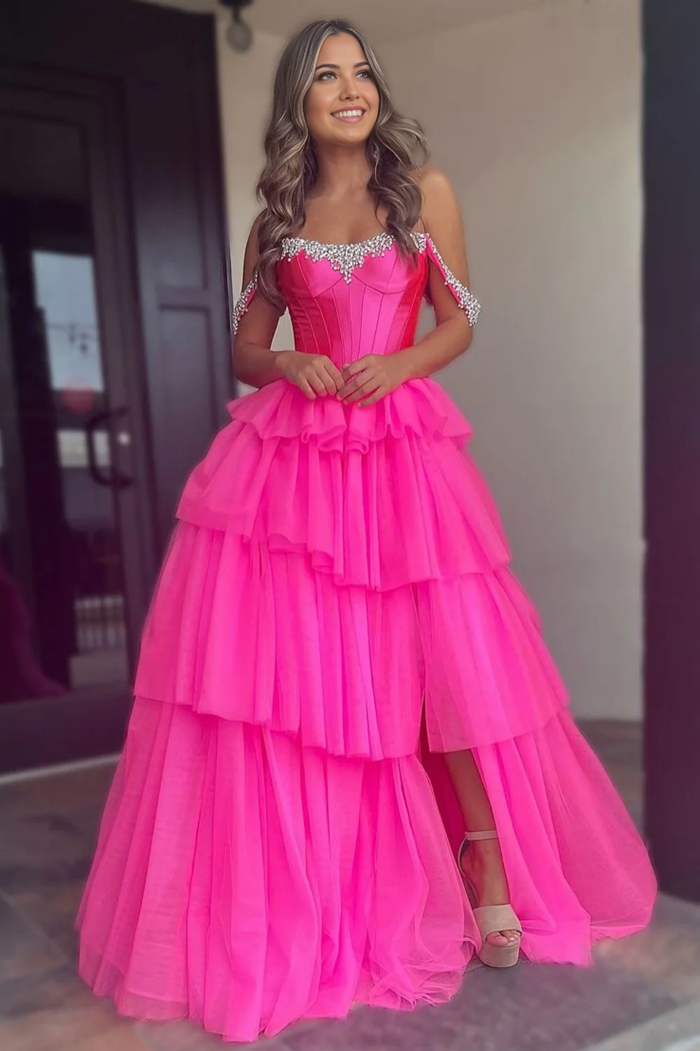 A-Line Off The Shoulder Beading Long Tulle Hot Pink formal dresses evening dress Prom Dress with Slit