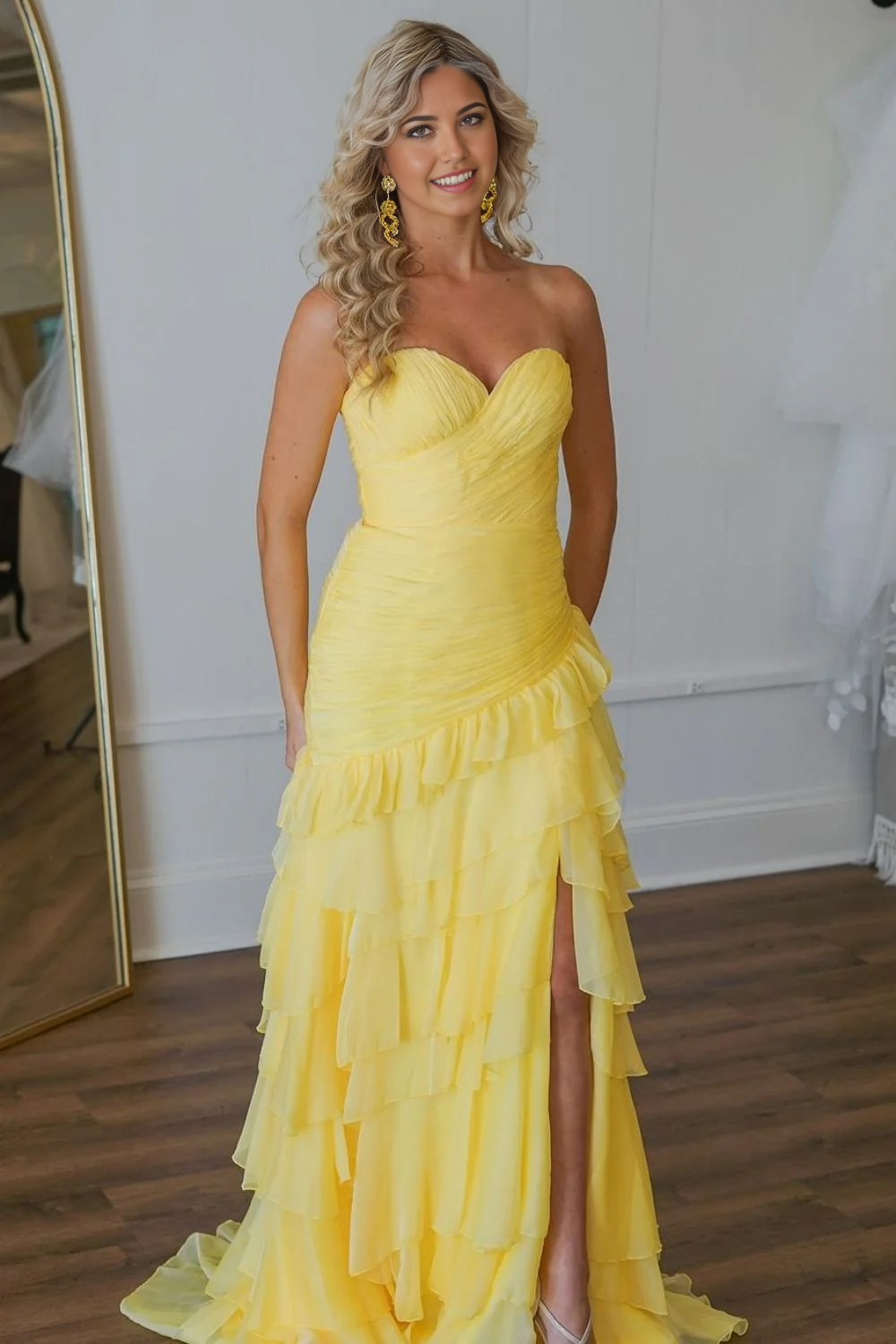 Mermaid Stunning Sweetheart Long Tiered Tulle Yellow formal dresses evening dress Prom Dress with Slit