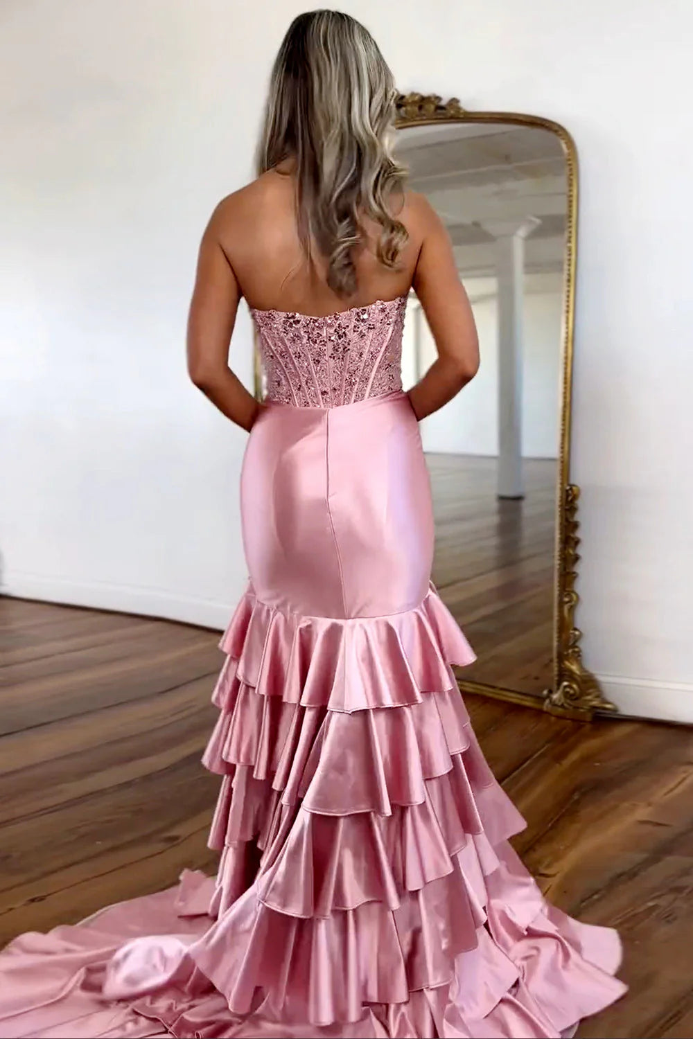 Mermaid Strapless Long Tiered Satin Pink formal dresses evening dress Prom Dress with Sequin