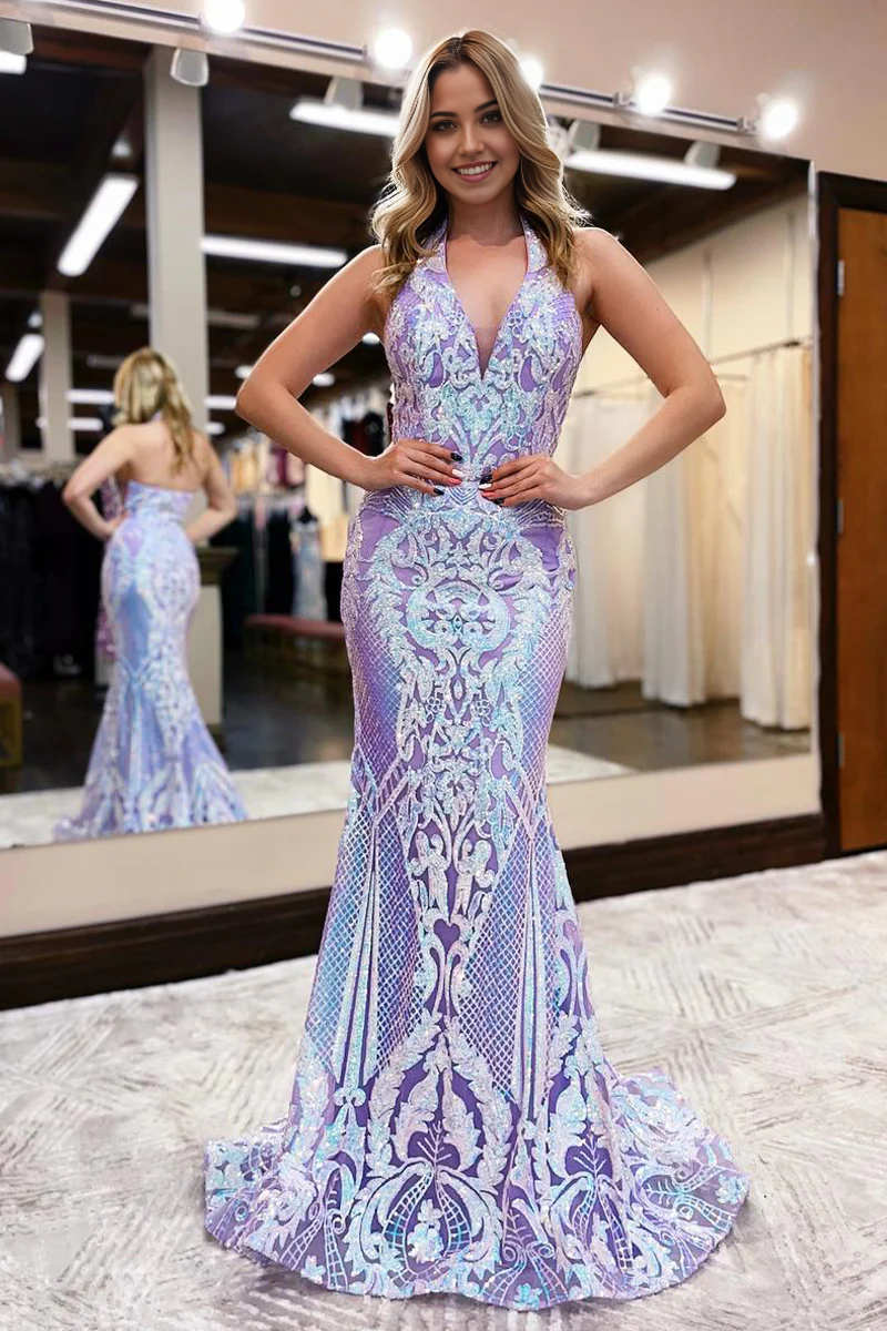 Mermaid Sparkly V Neck Lavender Sequins Lace Long Prom Dresses with Detachable Train