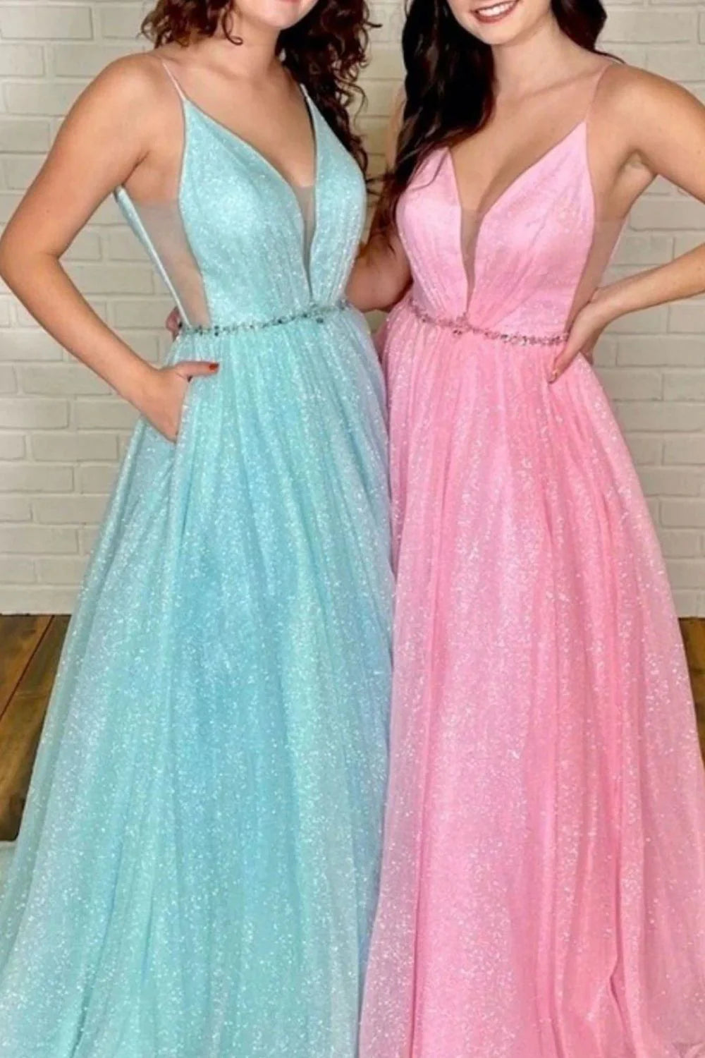 A Line Beautiful Deep V Neck Pink Long evening gowns Prom Dress with Beading