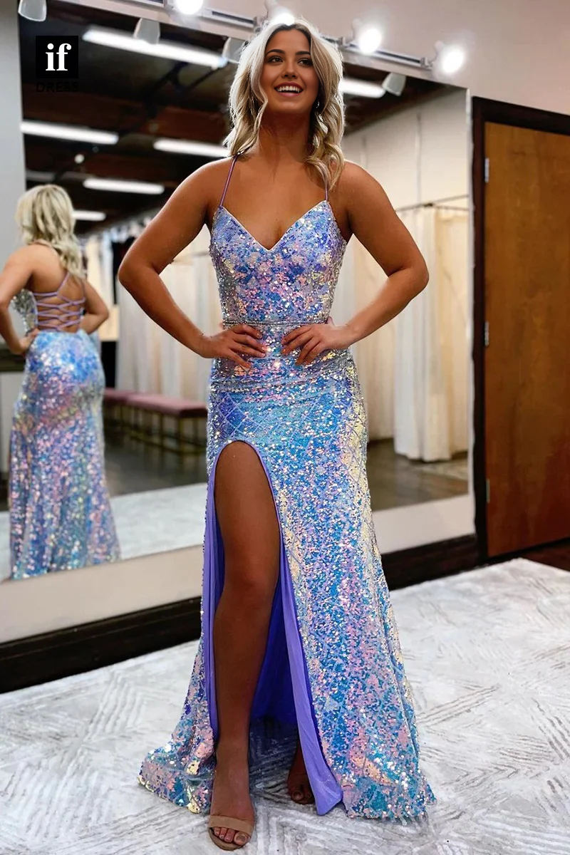 Mermaid V Neck Charming Blue Sequins Long Prom Dresses with Slit