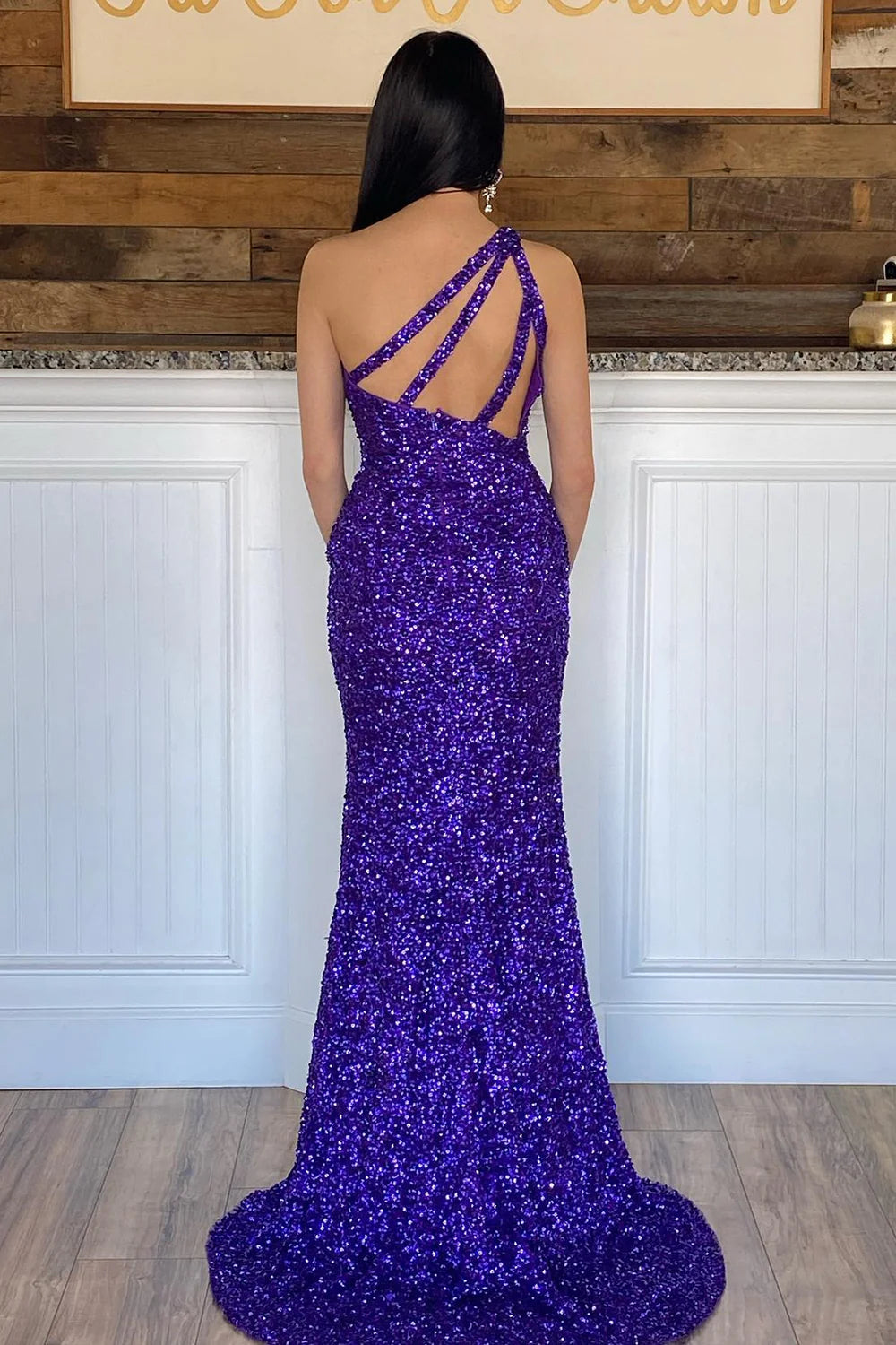 Sheath One Shoulder Purple Sequins Long evening gowns Prom Dress with Silt