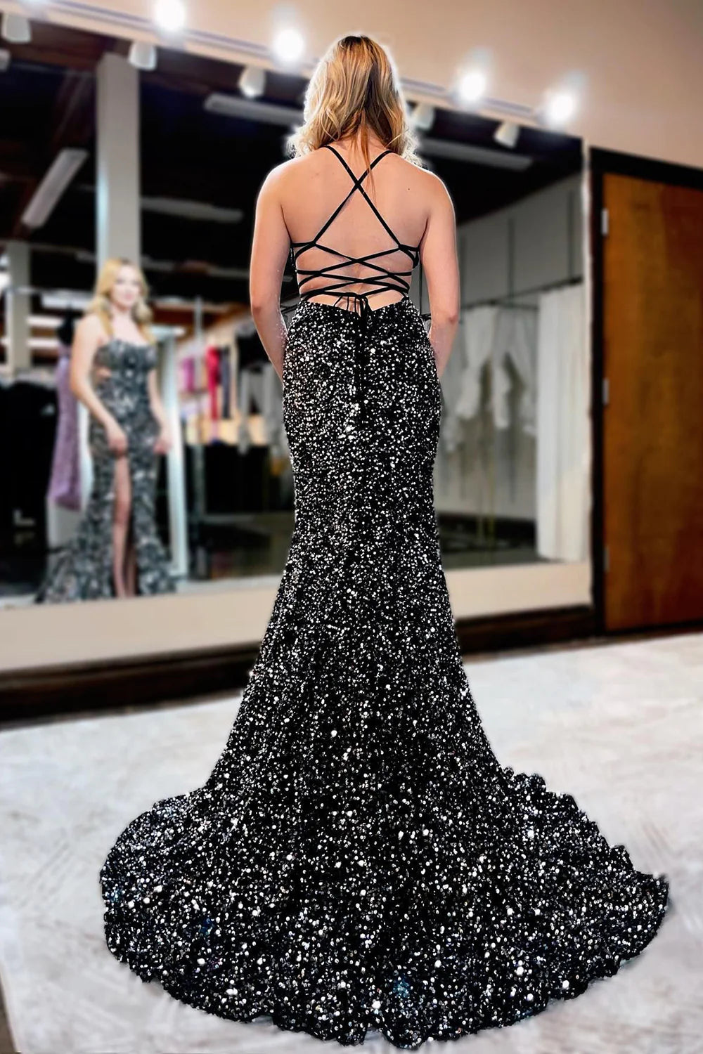 Mermaid Spaghetti Straps Black Sequins Long formal dresses evening gown Prom Dress with Criss Cross Back