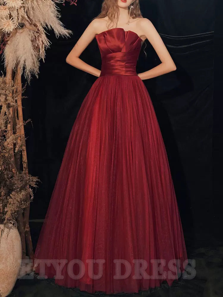 A-Line Strapless Floor-Length Sleeveless Lace-up Pleated Satin formal dress evening gown Wedding Guest Dresses Prom Dress