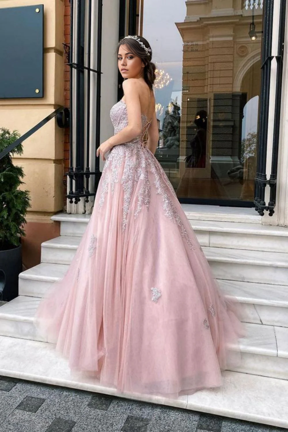 A Line Sweetheart Pink Long evening gowns Prom Dress with Appliques
