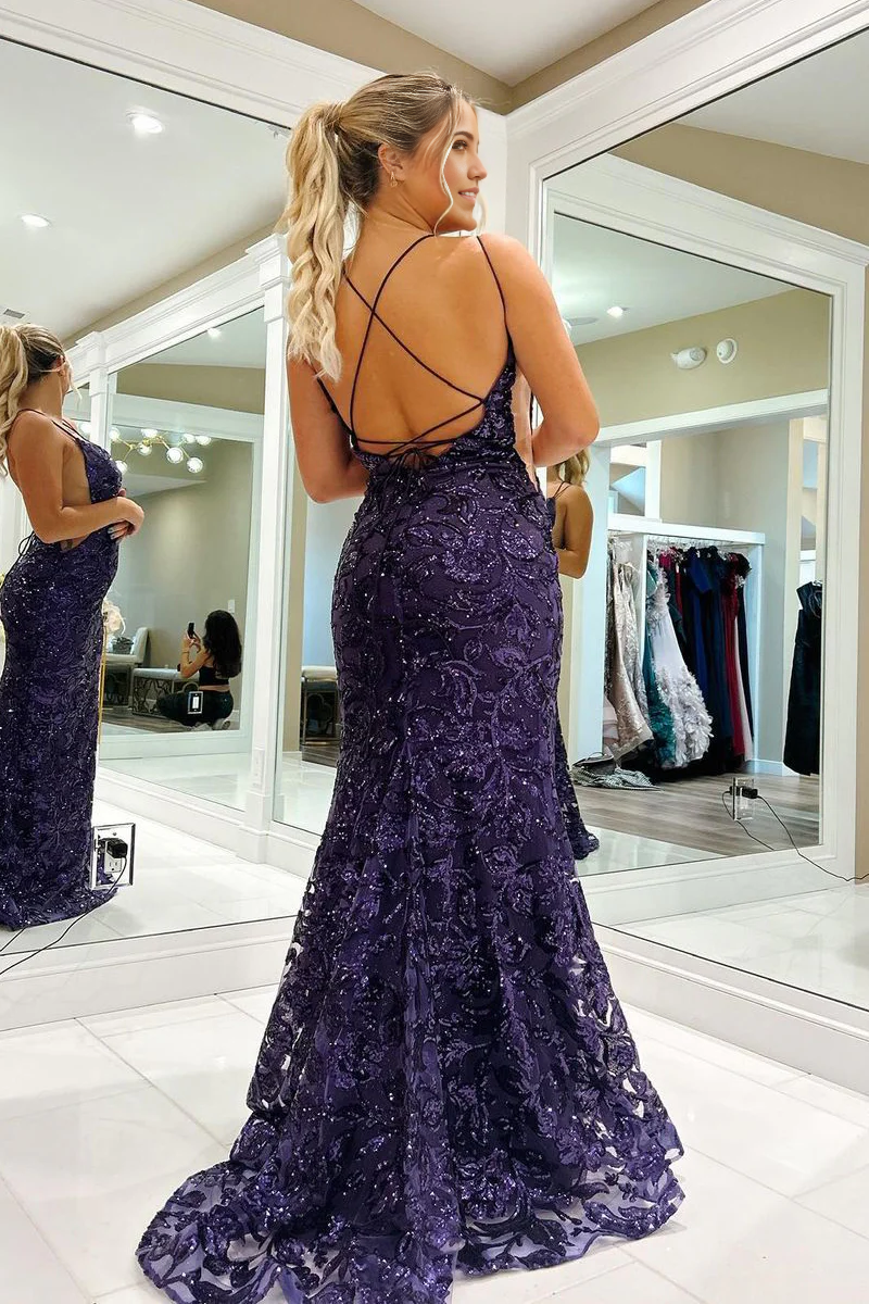 Mermaid Charming V Neck Purple Sequins Long Prom Dresses