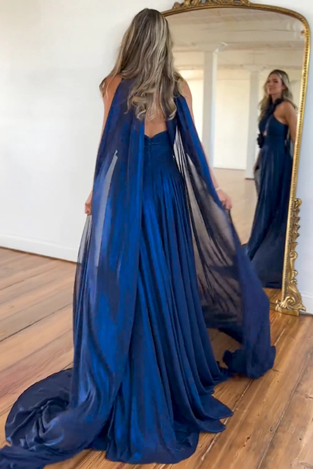 A-Line Halter Neck Long Navy Satin formal dresses evening dress Prom Dresses with Slit