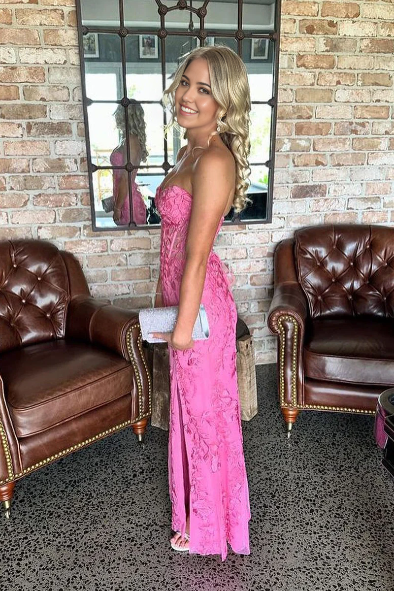 Mermaid Cute Strapless Pink Lace Appliques Long Prom Dress with Slit