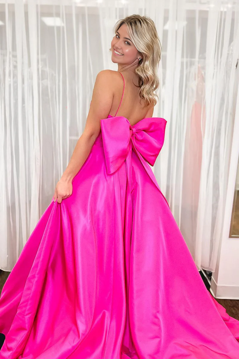 A-Line Scoop Neck Satin Back Bow Fuchsia Prom Dresses