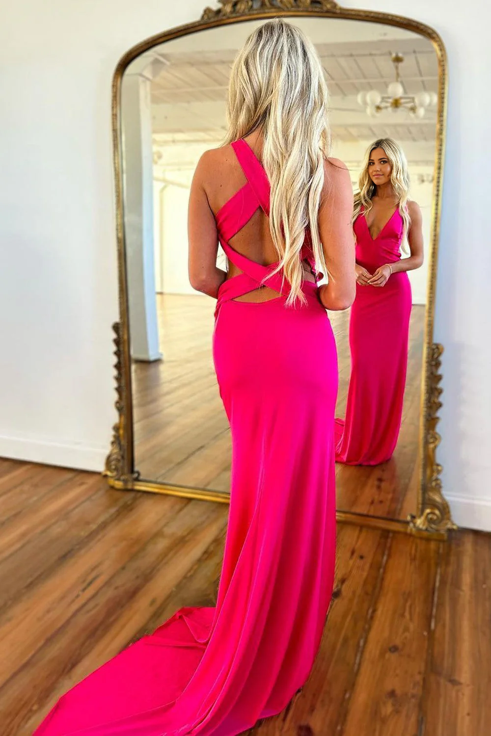 Mermaid V-Neck Cross Back Hot Pink Long Satin Corset Party Prom Dress
