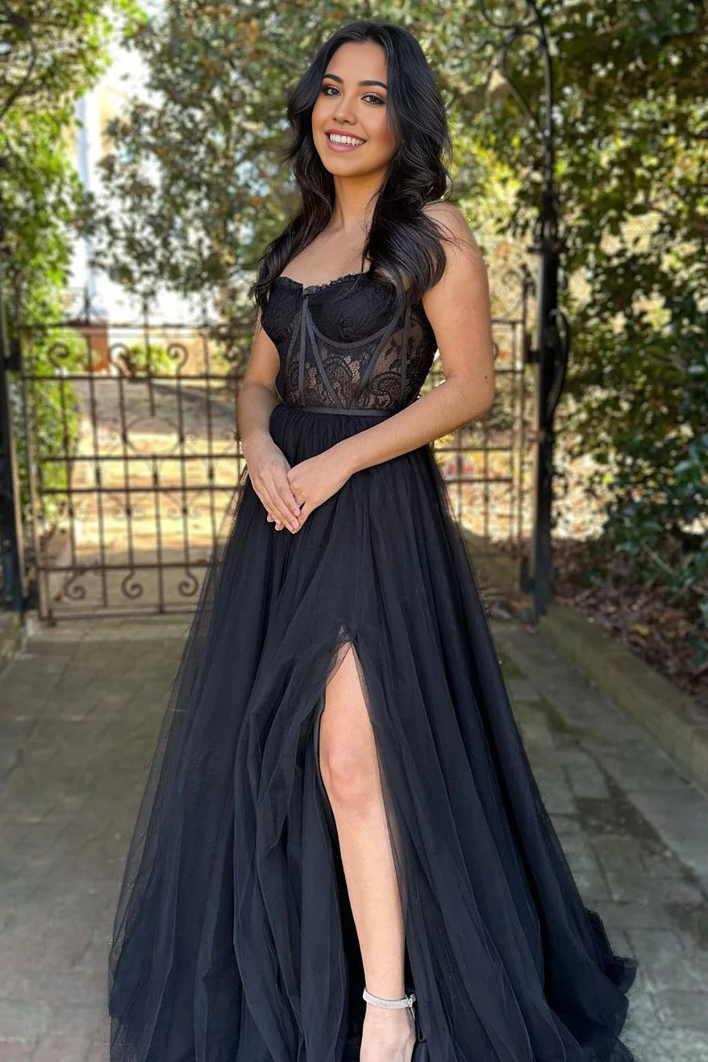 A-Line Strapless Black Tulle Long Party Prom Dress With Split