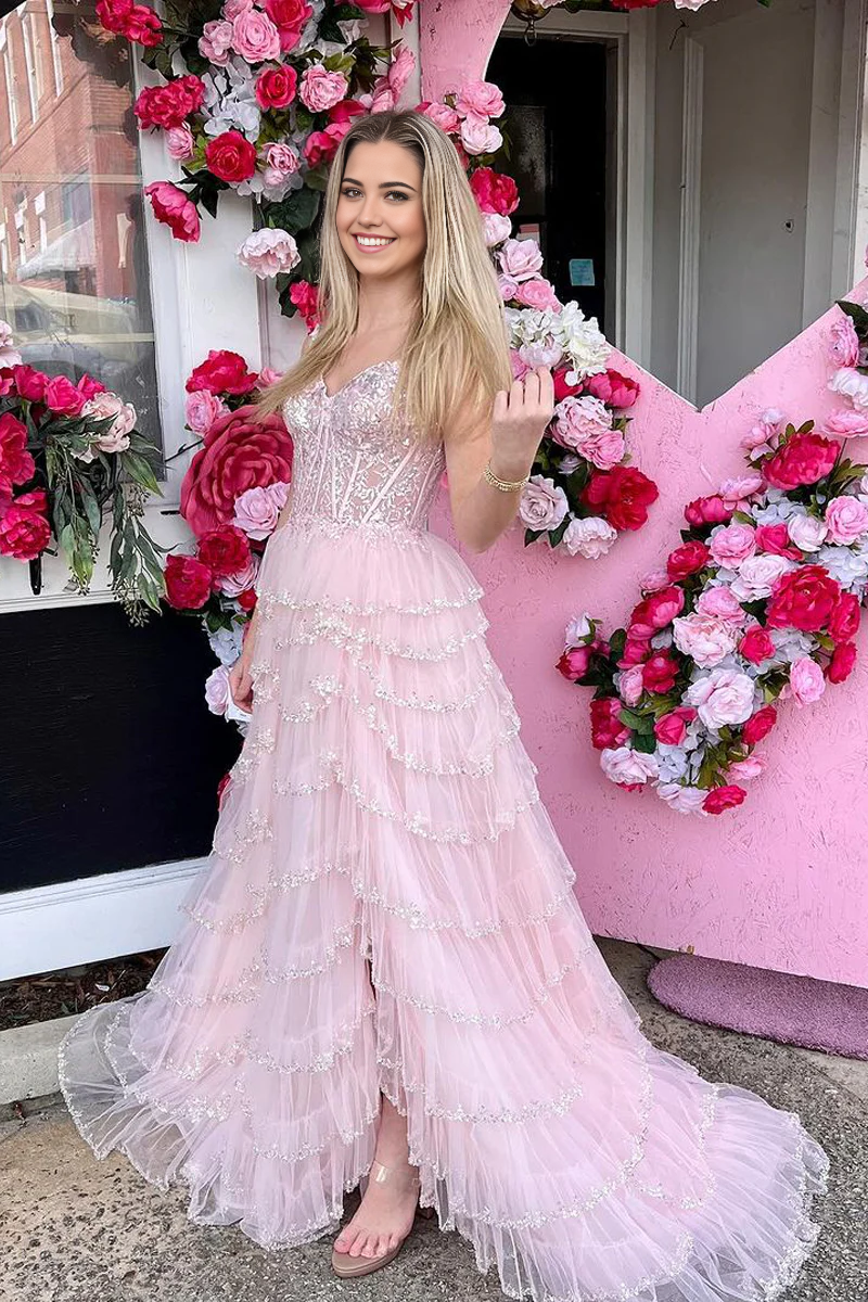 A Line Cute Sweetheart Tulle Light Pink Long Prom Dress with Slit