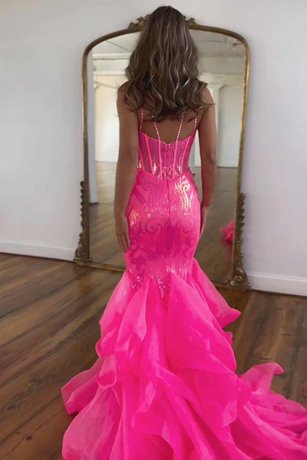 Mermaid Spaghetti Straps Sequin Long Hot Pink formal dresses evening dress Prom Dresses With Ruffles