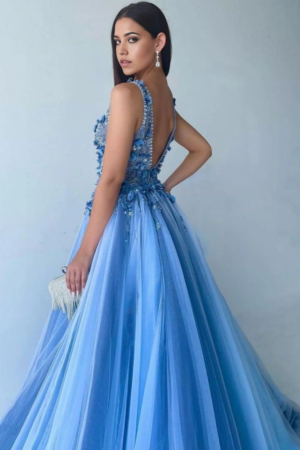 A Line Deep V Neck Gorgeous Blue Long Prom Dress with Appliques