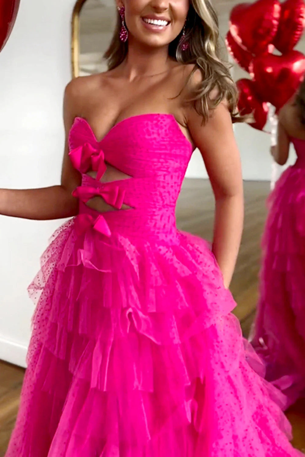 A-Line Sweetheart Bowknot Fuchsia Tulle Long Prom Dress With Slit