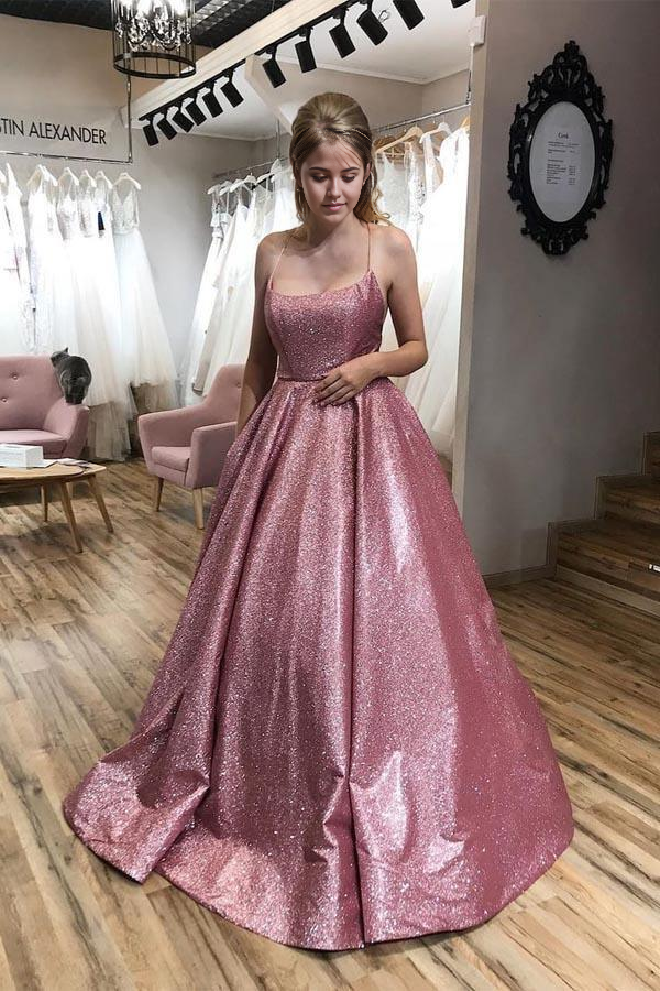 A-line Scoop Spaghetti Straps Sparkle evening gowns Prom Dress