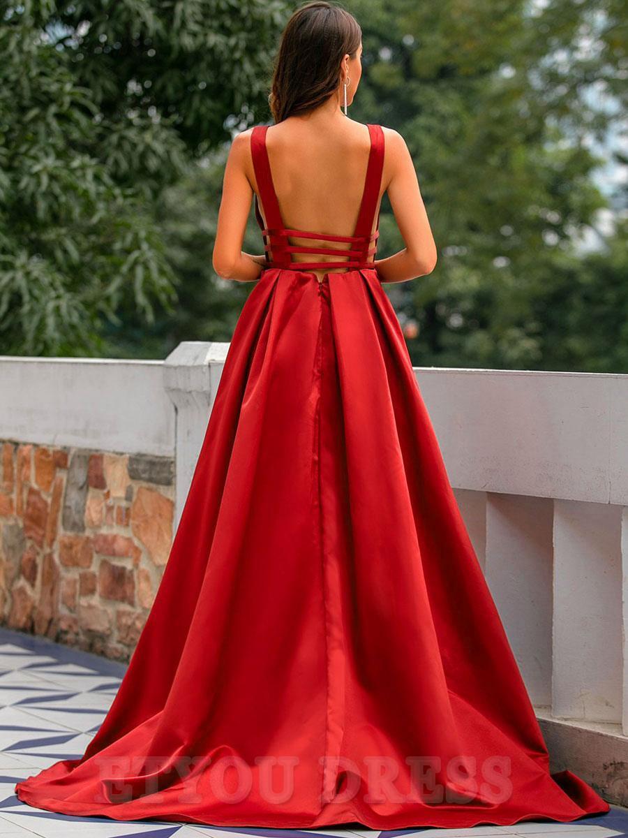 A-Line V-Neck Backless Satin formal dress evening gown Wedding Guest Dresses Prom Dress
