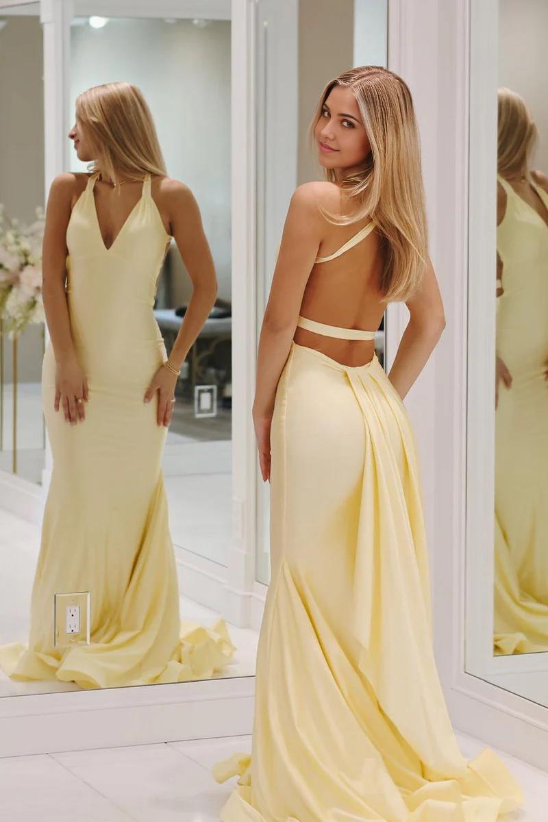 Mermaid Halter Backless Satin Yellow Long Prom Dress