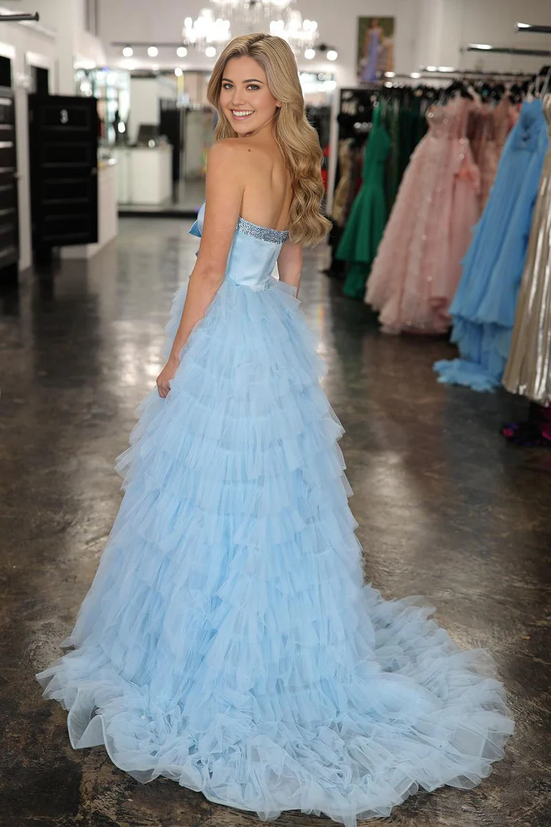 A-Line Sweetheart Ruffle Tiered Light Blue Long Prom Dress with Beading