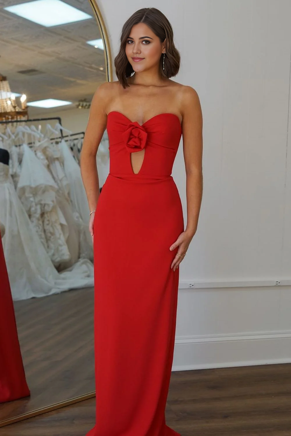Mermaid Simple Sweetheart Long Satin Red formal dresses evening dress Prom Dress with Flower