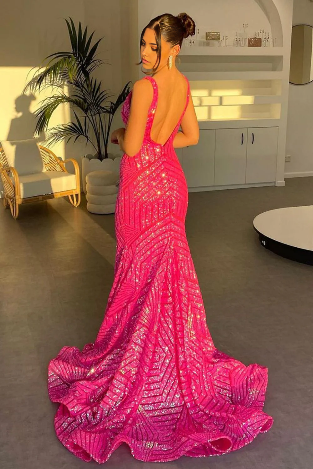 Mermaid Sparkly Deep V Neck Sequins Long Prom Dress with Backless