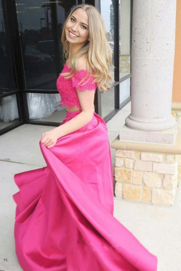 Two Piece Off-the-Shoulder Short Sleeves Fuchsia formal dresses evening gown Prom Dress