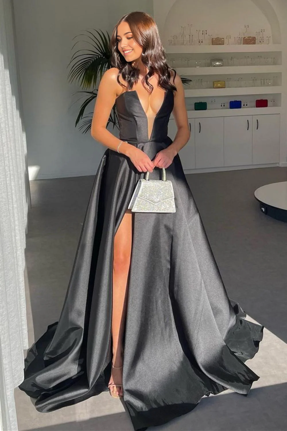 A Line Deep V Neck Black Long Prom Dress with Split Front