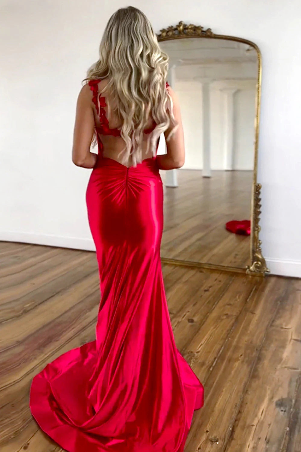 Mermaid Straps Back Long Satin Red formal dresses evening dress Prom Dresses With Slit