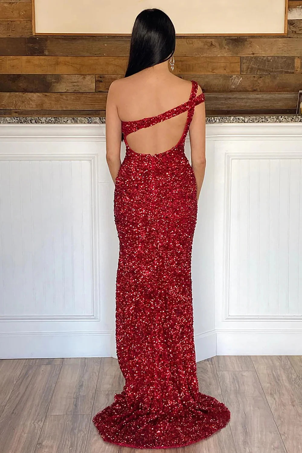Mermaid One Shoulder Red Sequins Long evening gowns Prom Dress with Silt