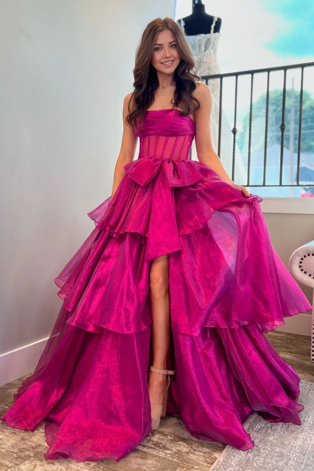 A-Line Strapless Long Organza Bowknot Lovely Fuchsia formal dresses evening dress Prom Dress with Slit
