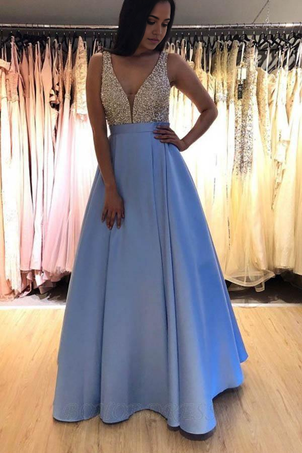 A-line V-neck Sleeveless Floor-Length Blue evening gown Prom Dress with Beading