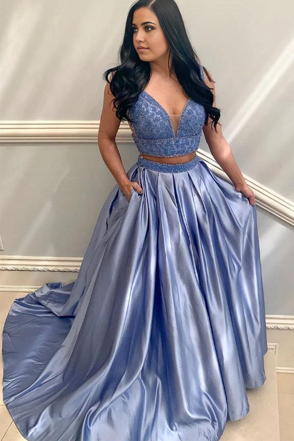 Two Piece V Neck Blue Satin formal dresses Evening Dress Prom Dress With Beading