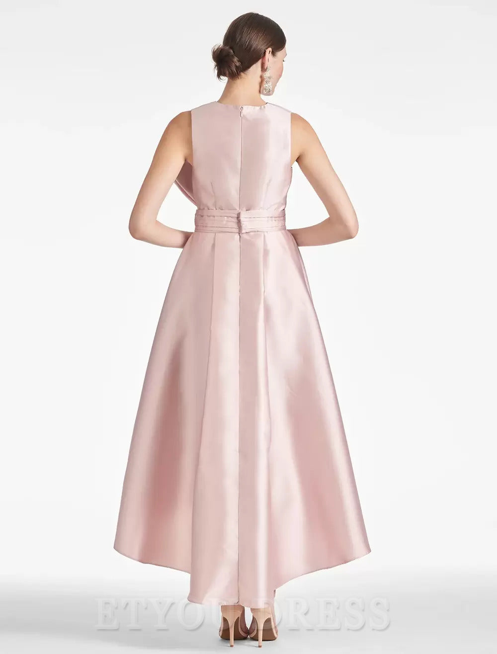 A-Line V-Neck Tea-Length Bows Satin formal dress evening gown Wedding Guest Dresses Prom Dress