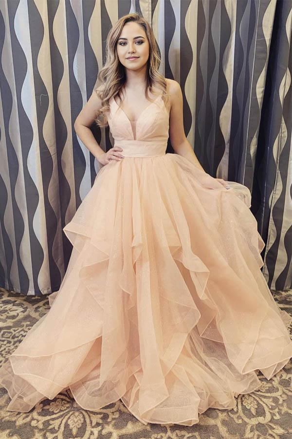 Elegant Straps Champagne Long evening gown Formal Prom Dress with Ruffles