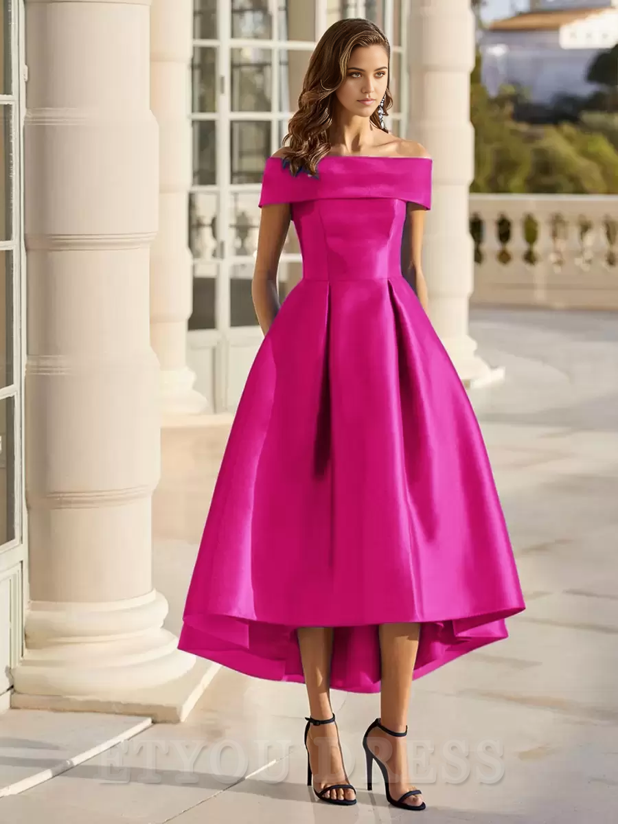 A-line Elegant Off-The-Shoulder Short Tea-Length Satin formal dress evening gown Wedding Guest Dresses Prom Dress