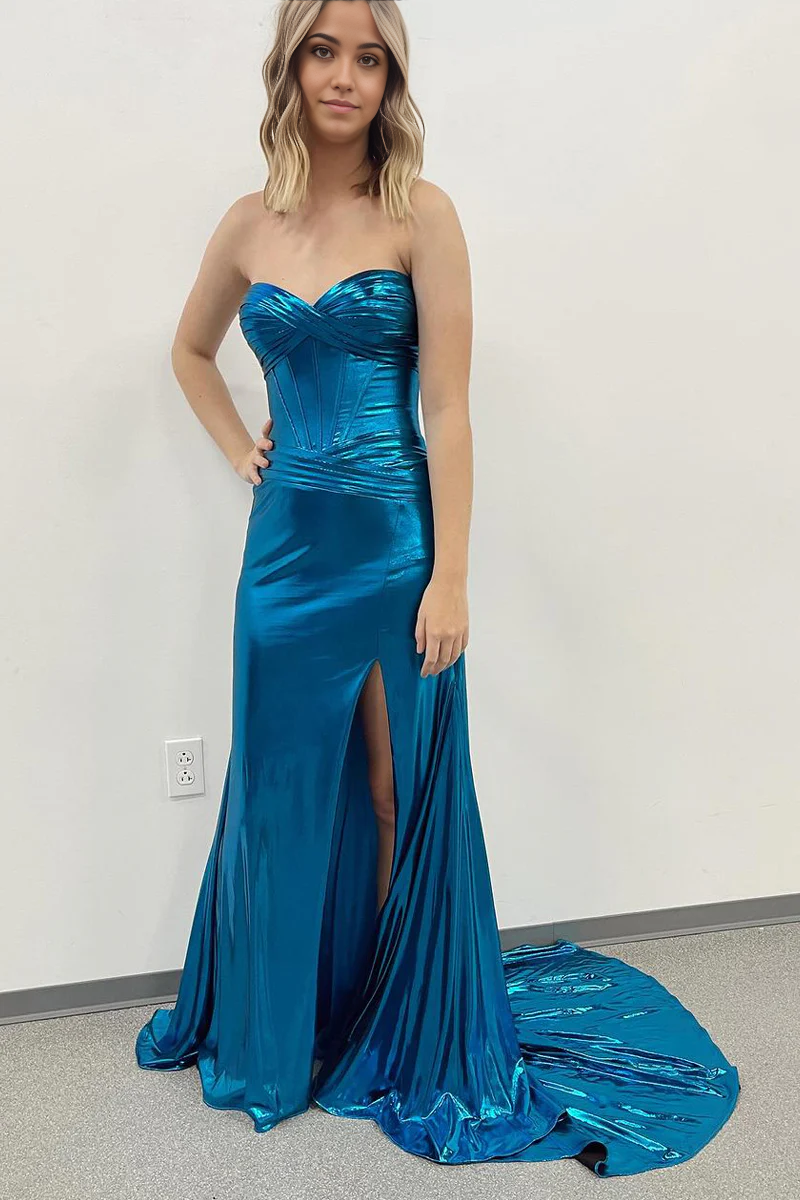 Mermaid Sweetheart Dark Blue Satin Long Prom Dress with Slit