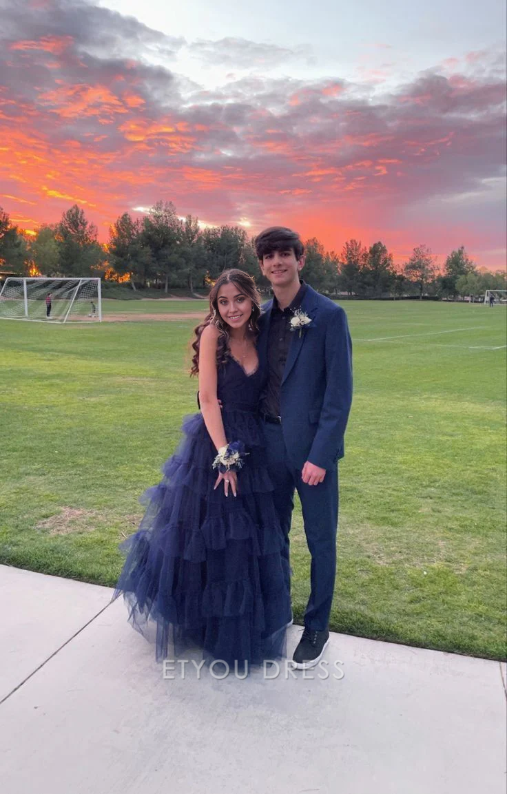 A Line V Neck Tulle Navy Blue formal dresses Bridesmaid Dresses evening gown Prom Dress