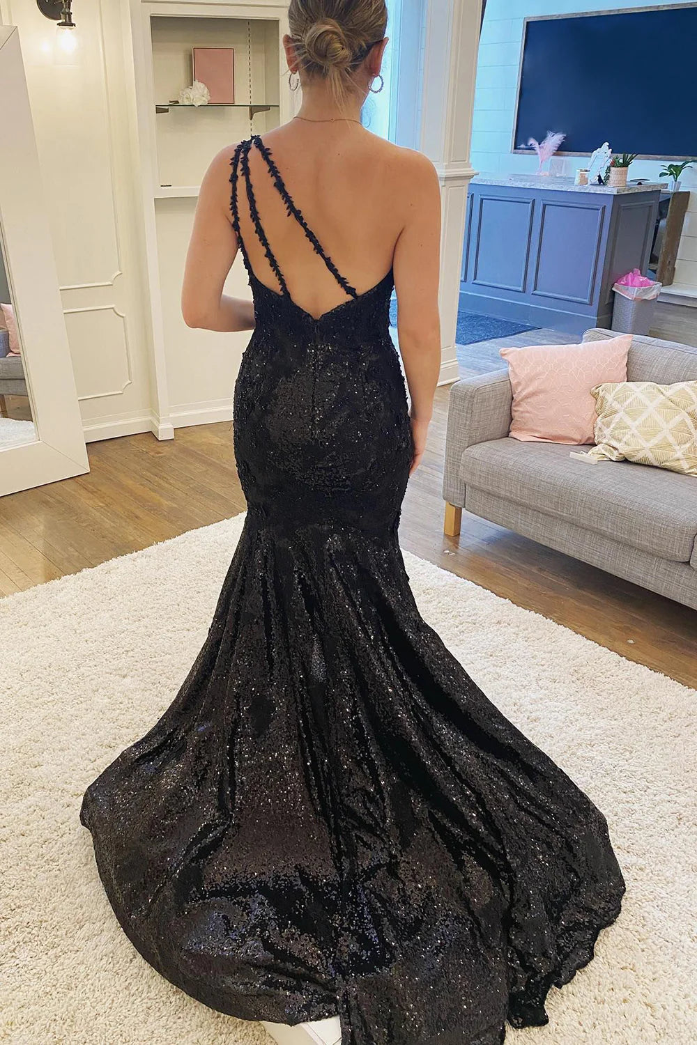 Mermaid One Shoulder Black Sequins evening gown formal dresses Prom Dress With Split