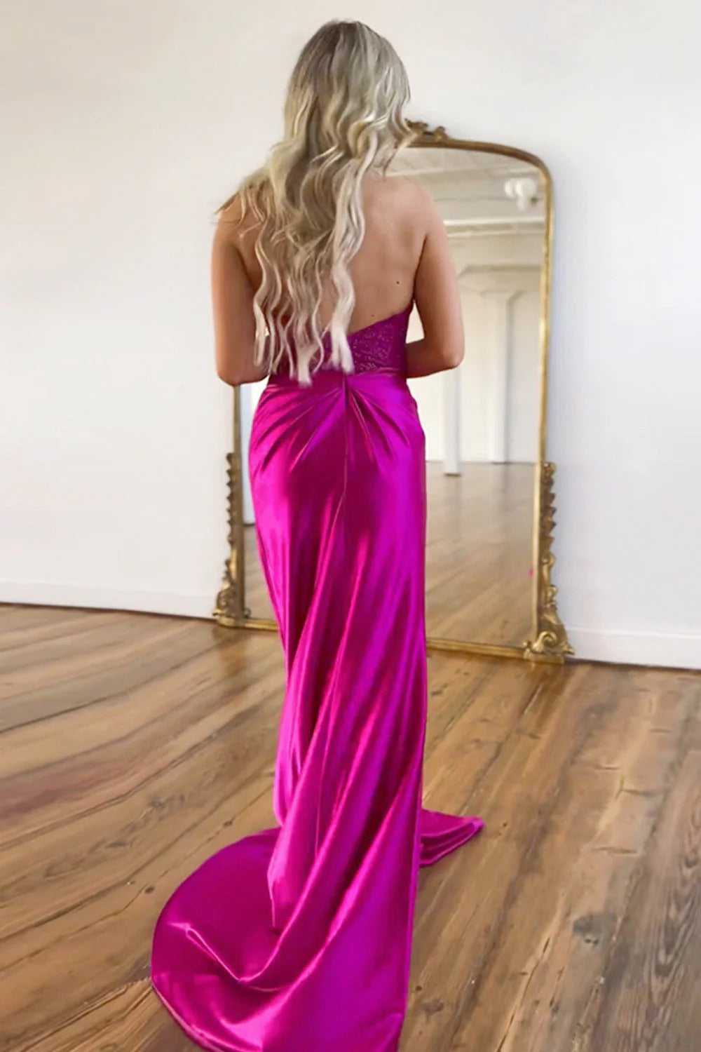 Mermaid V-Neck Fuchsia Satin Zipper Back Long Prom Dress With Slit