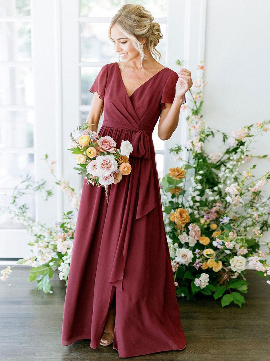 A-Line V-Neck Short Sleeve Floor-Length Zipper Chiffon Burgundy Wedding Party Dress formal dresses evening gown Bridesmaid Dress