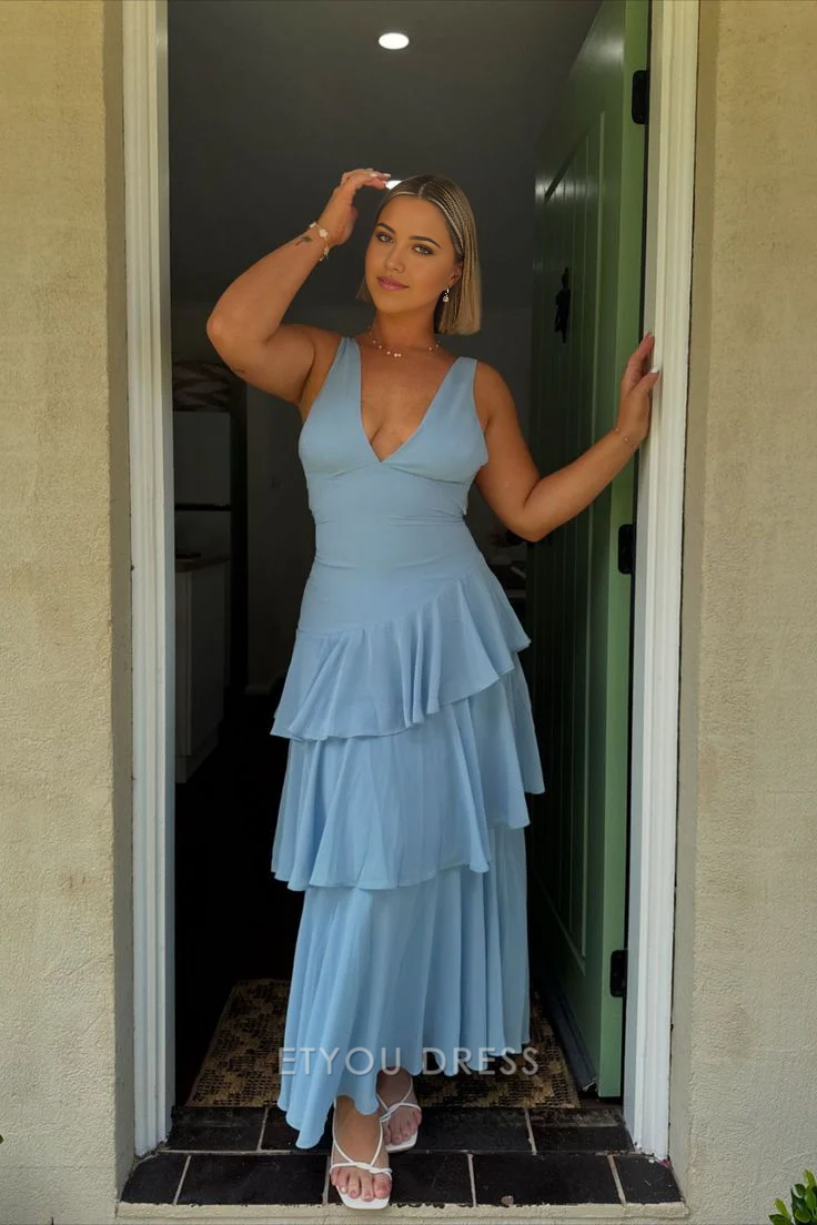 A-line V Neck Blue Tiered formal dresses Bridesmaid Dresses evening gown Prom Dress