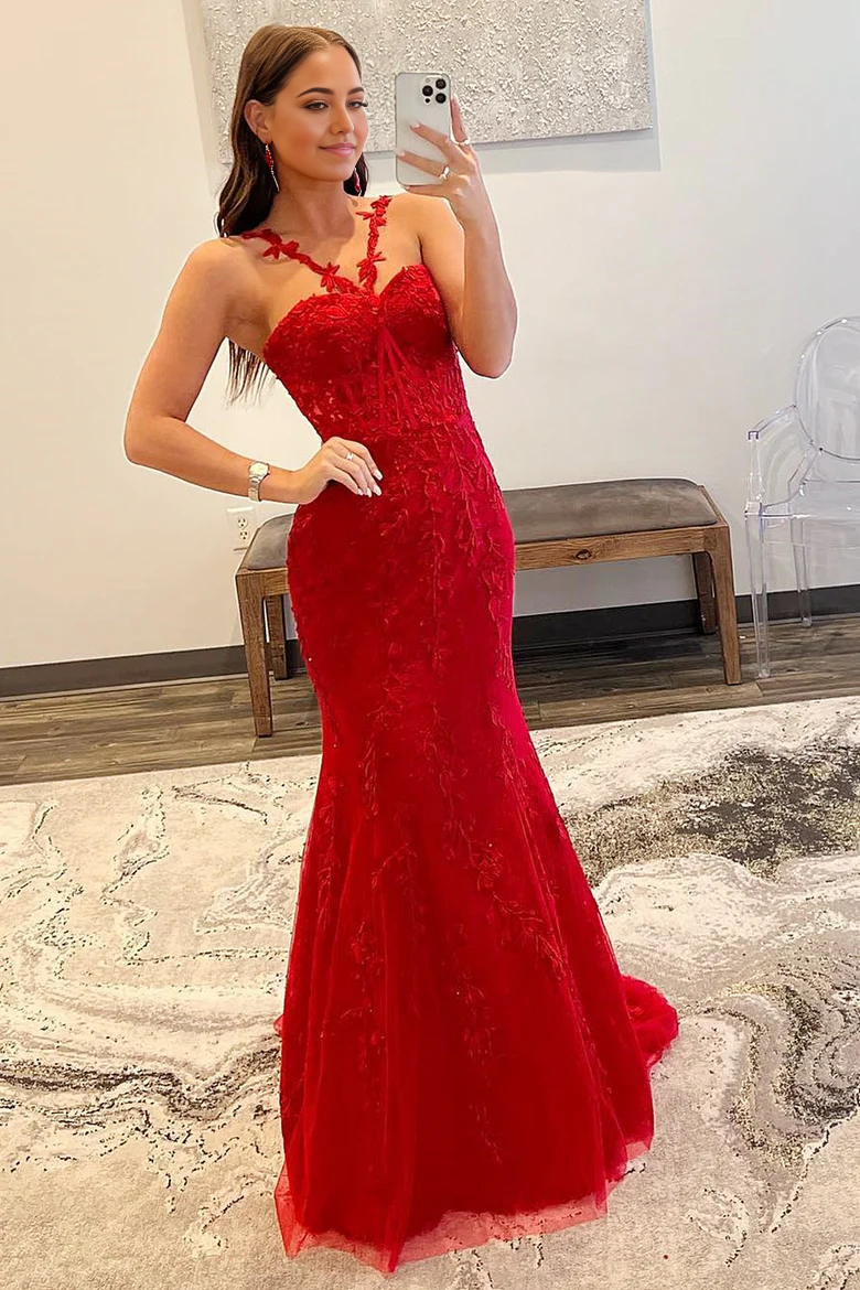 Mermaid Halter Flower Straps Appliques Red Long formal dresses evening gown Prom Dress