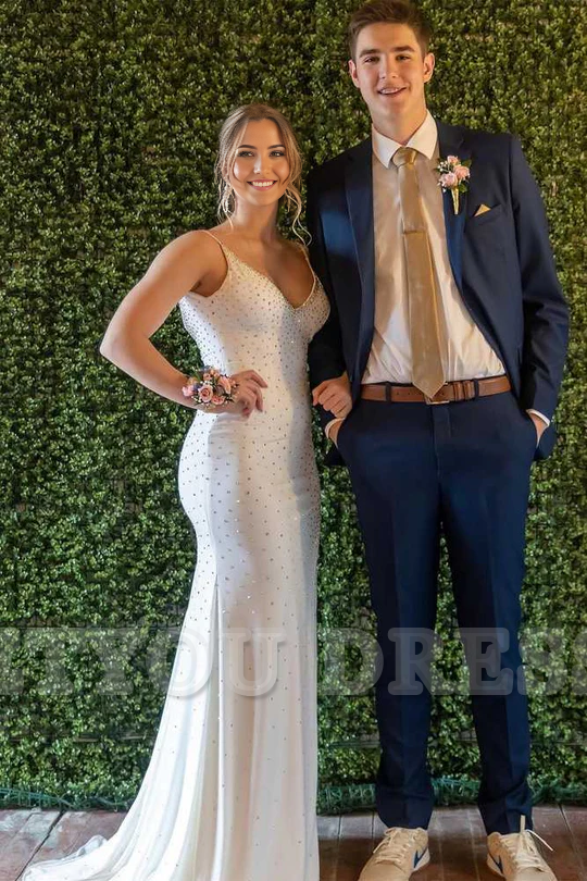 Mermaid V Neck White Beaded Straps Long formal dresses Bridesmaid Dresses evening gown Prom Dress with Slit