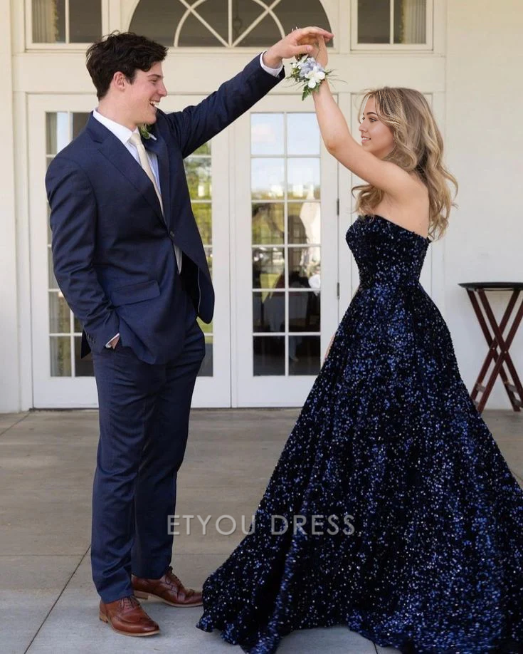 A Line Strapless Navy Blue Sequin Long formal dresses Bridesmaid Dresses evening gown Prom Dress