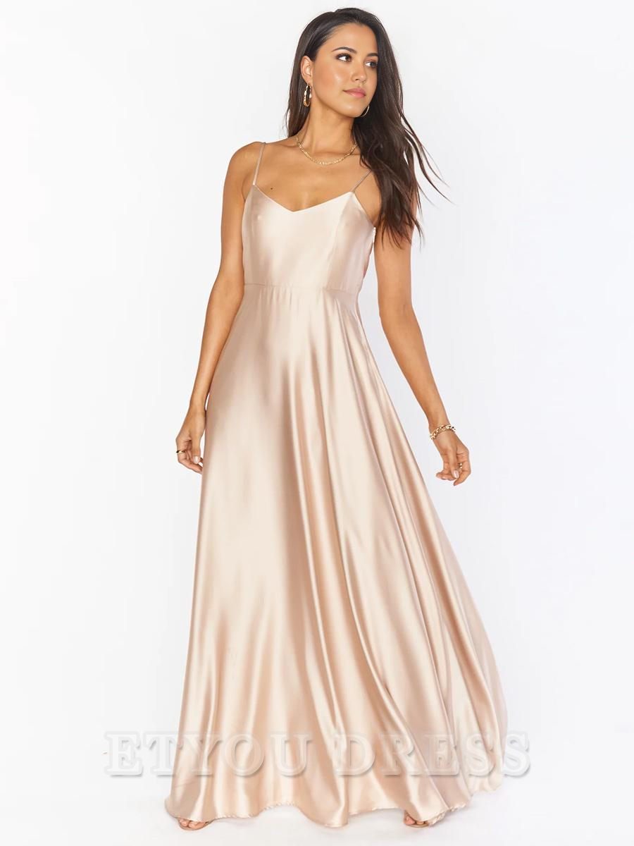 A-Line Spaghetti Straps Floor-Length Satin formal dresses Bridesmaid Dresses evening gown Prom Dress
