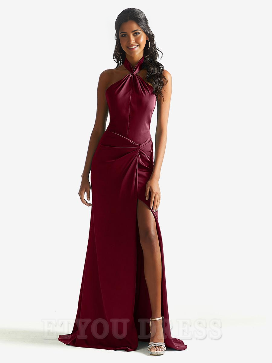 Sheath Halter Floor-Length Satin formal dresses evening gown Prom Dress With Side Slit